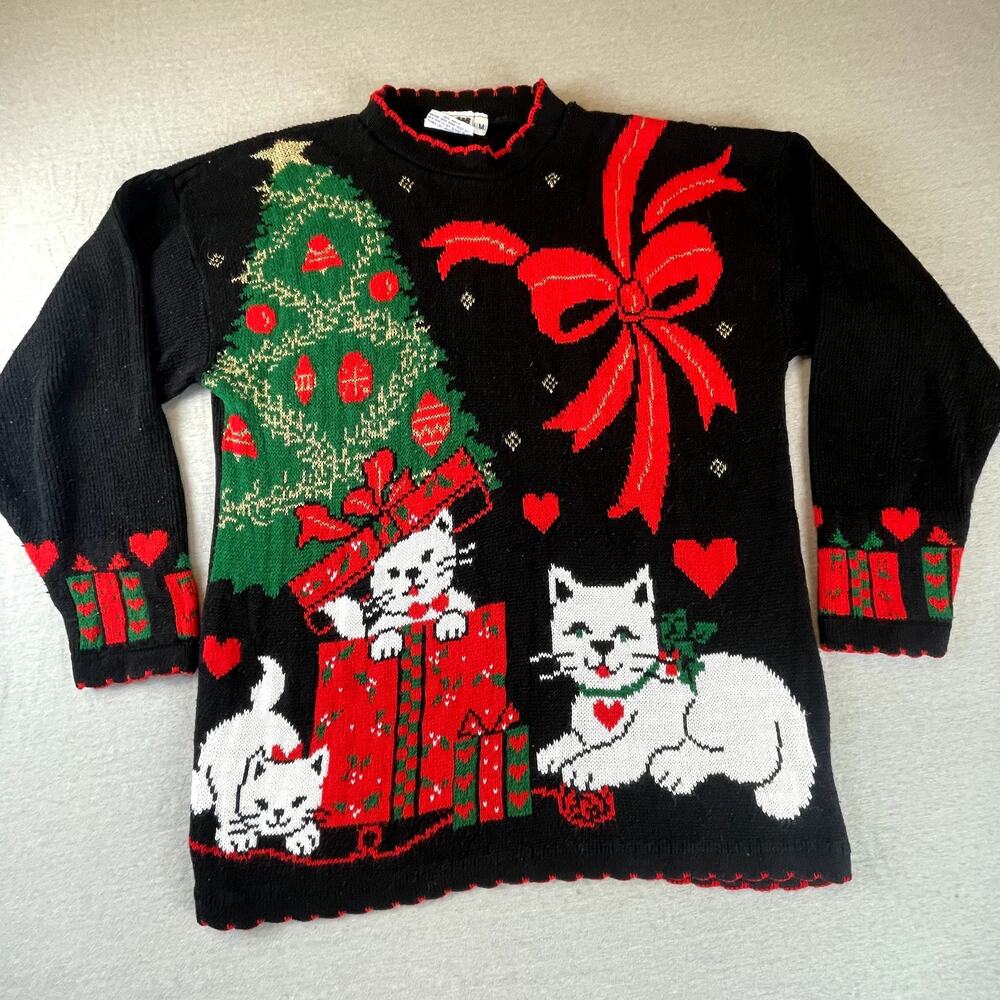 Vintage J.J. Poole Ugly Christmas Sweater Cats Kitschy Cat Lady Oversize M
